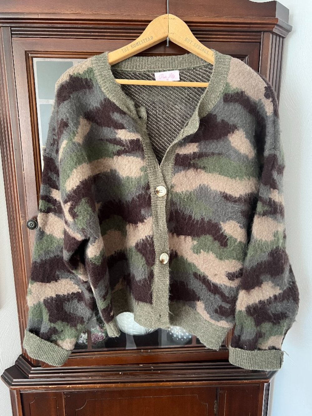 Pink Lily Boutique Camo Fuzzy Knit Button Cardigan Medium Olive Fall Sweater